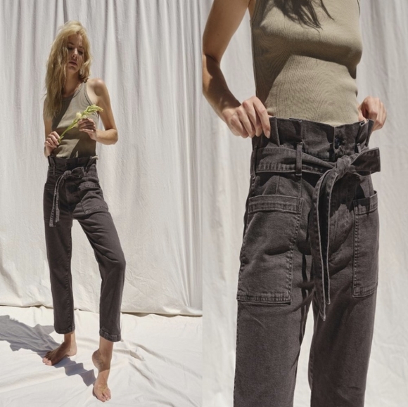 AMO Paper Bag Straight Let Cropped Utility Pants in Washed Black Size 30 - Picture 6 of 7